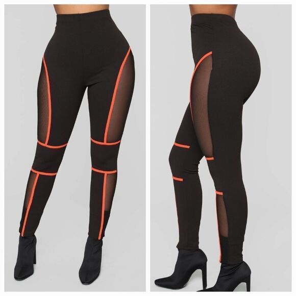 Fashion Nova Pants - Fashion Nova Running Start Mesh Leggings Black/Orange XS 0/1 High Rise Pant